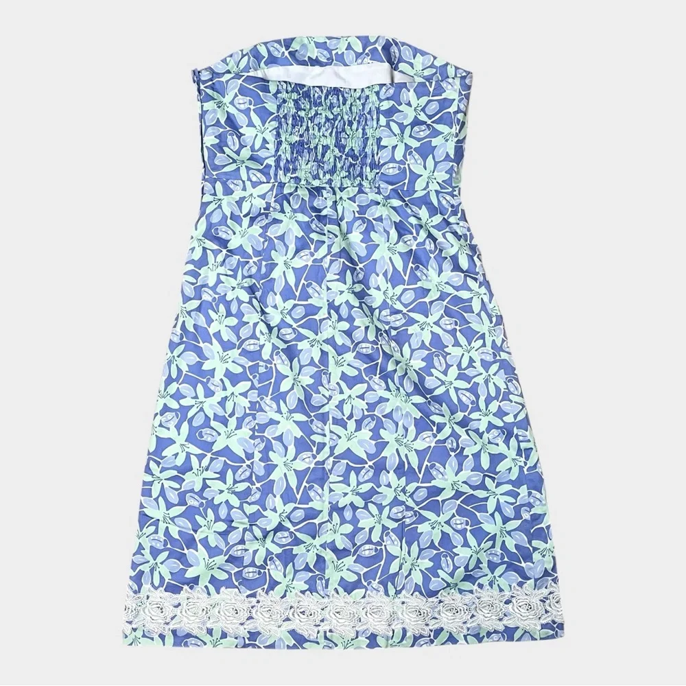 LILLY PULITZER Periwinkle Blue & Mint Floral Strapless Sundress Size 12 - Picture 3 of 6